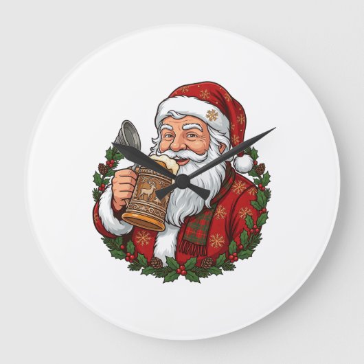 Weihnachtsmann mit Bierglas Große Wanduhr (Vorderseite)