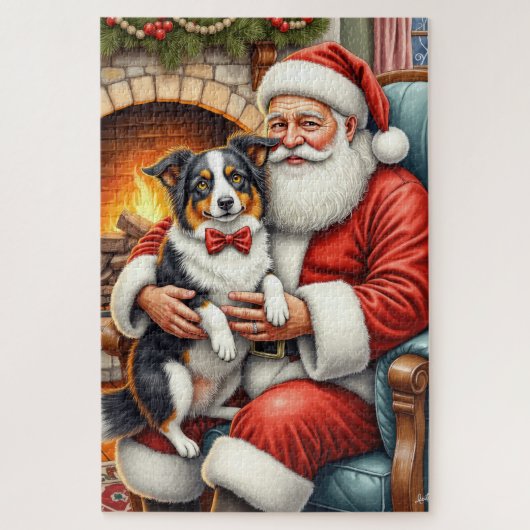 Weihnachtsmann mit Border Collie - Weihnachtskunst Puzzle (Vertikal)