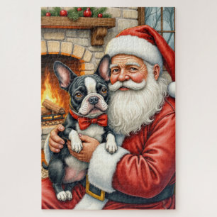 Weihnachtsmann mit Boston Terrier Weihnachtskunst Puzzle