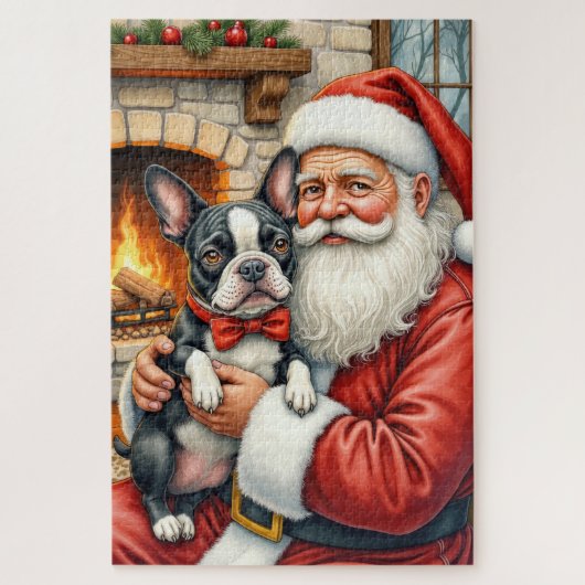 Weihnachtsmann mit Boston Terrier Weihnachtskunst Puzzle (Vertikal)