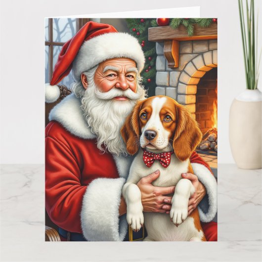 Weihnachtsmann mit Brittany Spaniel Weihnachtskuns Karte (Vorderseite)