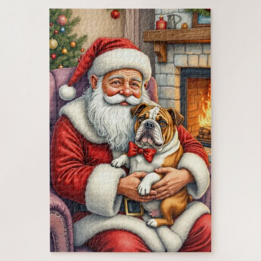 Weihnachtsmann mit Bulldogge Weihnachtskunst Puzzle (Vertikal)