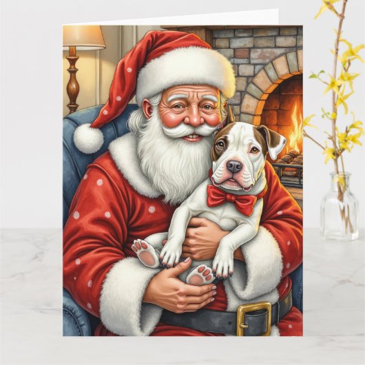 Weihnachtsmann mit Bullterrier Weihnachtskunst Karte (Gelbe Blume)