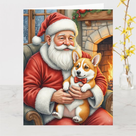 Weihnachtsmann mit Corgi Weihnachtskunst Karte (Gelbe Blume)