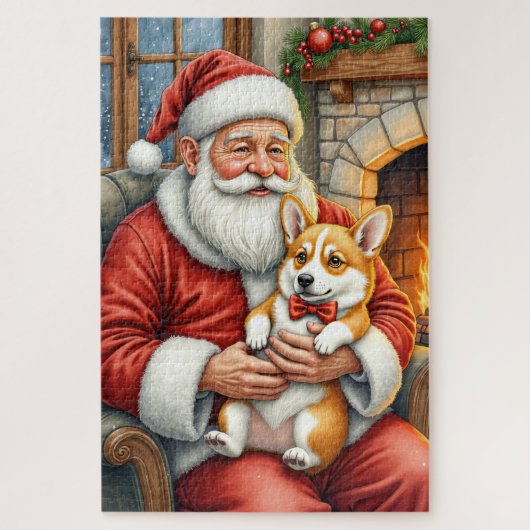 Weihnachtsmann mit Corgi Weihnachtskunst Puzzle (Vertikal)