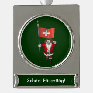 Weihnachtsmann mit dem Emblem der Schweiz Banner-Ornament Silber