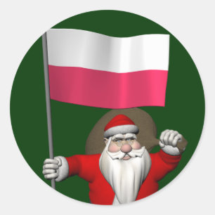 Weihnachtsmann mit der Flagge Polens Runder Aufkleber