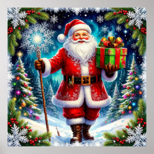 Weihnachtsmann mit einem Geschenk inmitten einer w Poster