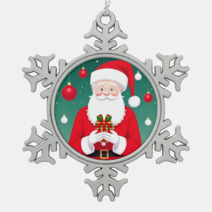Weihnachtsmann mit einem Geschenk Schneeflocken Zinn-Ornament