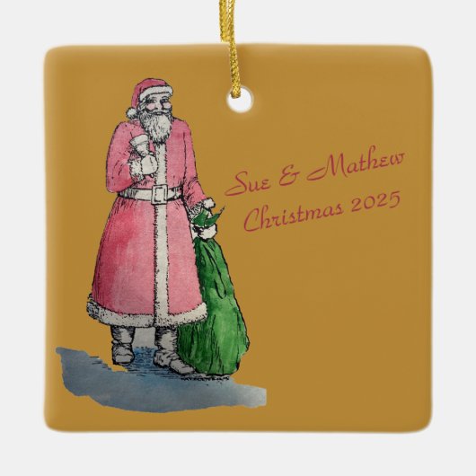 Weihnachtsmann mit einem Sack voller Geschenke Keramikornament (Vorderseite)