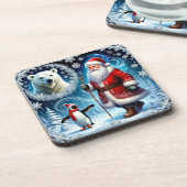 Weihnachtsmann mit Eisbär und Pinguin Getränkeuntersetzer (Linke Seite)