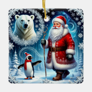 Weihnachtsmann mit Eisbär und Pinguin Keramikornament