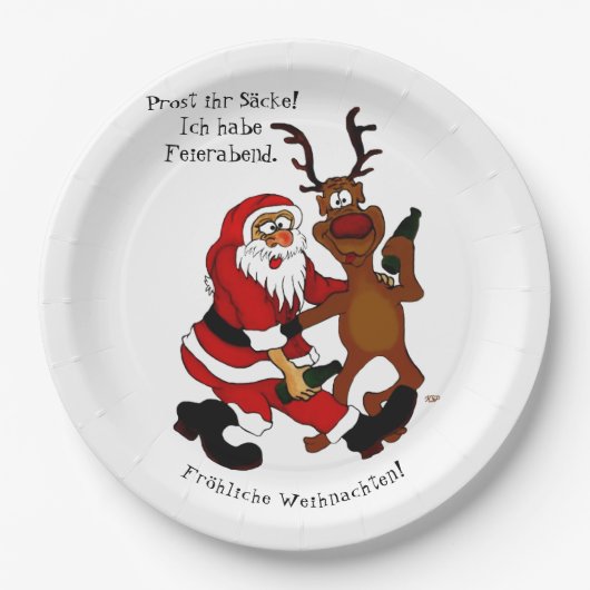 Weihnachtsmann mit Elch - Frohe Weihnachten Pappteller (Vorderseite)