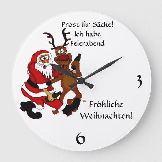 Weihnachtsmann mit Elch - Prost ihr Säcke! Große Wanduhr (Vorderseite)