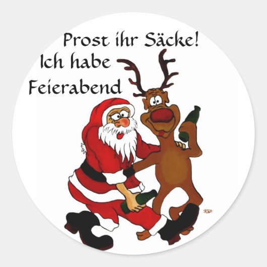 Weihnachtsmann mit Elch Runder Aufkleber (Vorderseite)