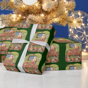 Weihnachtsmann mit Elfen in der Werkstatt im Vinta Geschenkpapier