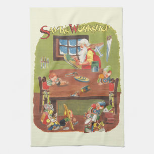 Weihnachtsmann mit Elfen in der Werkstatt im Vinta Geschirrtuch