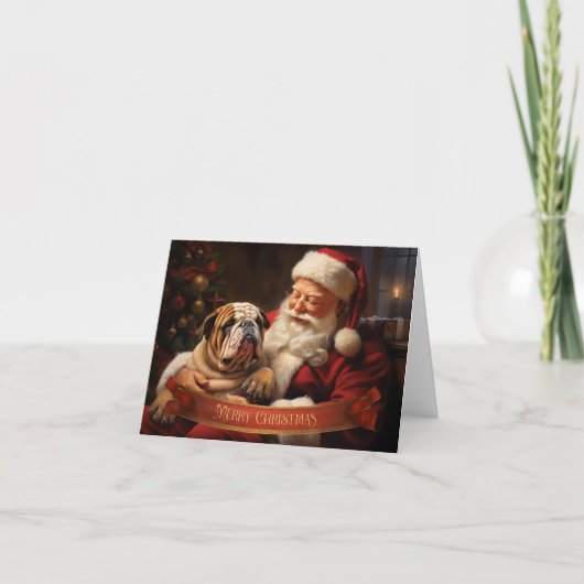 Weihnachtsmann mit englischem Bulldog Feiertagskarte (Vorderseite)
