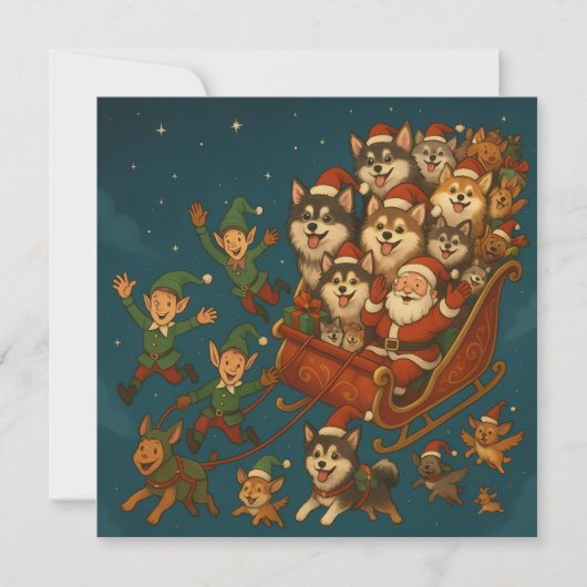 Weihnachtsmann mit fröhlichen Hunden und Elfen! Einladung (Vorderseite)
