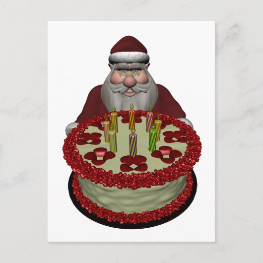 Weihnachtsmann mit Geburtstagskuchen Feiertagspostkarte (Vorderseite)