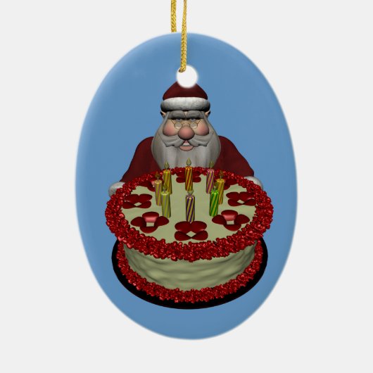 Weihnachtsmann mit Geburtstagskuchen Keramikornament (Hinten)