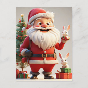 Weihnachtsmann mit Geschenk und Kaninchen Feiertagspostkarte