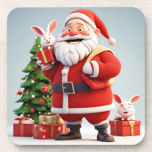 Weihnachtsmann mit Geschenk und Kaninchen Getränkeuntersetzer
