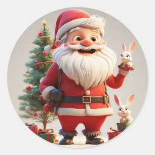Weihnachtsmann mit Geschenk und Kaninchen Runder Aufkleber