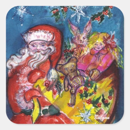 WEIHNACHTSMANN MIT GESCHENKEN QUADRATISCHER AUFKLEBER (Vorderseite)