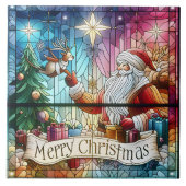 Weihnachtsmann mit Geschenken und Rentieren Fliese (Vorderseite)