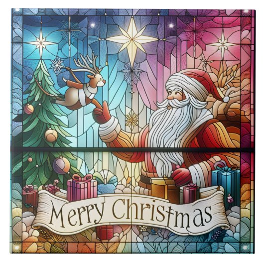 Weihnachtsmann mit Geschenken und Rentieren Fliese (Vorderseite)
