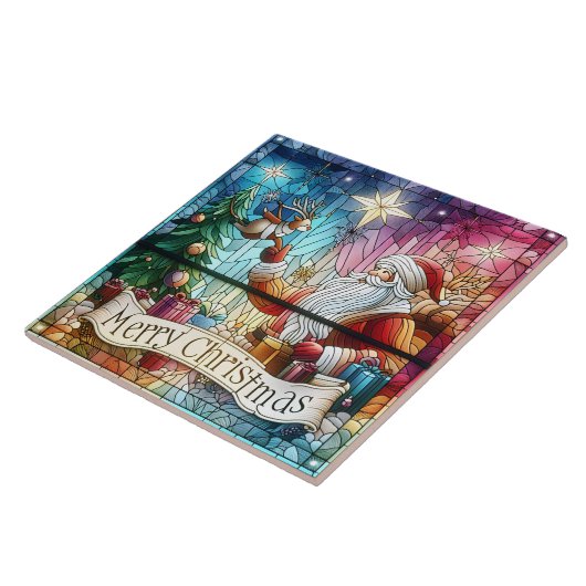 Weihnachtsmann mit Geschenken und Rentieren Fliese (Seite)