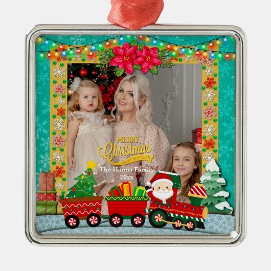 Weihnachtsmann mit Geschenken und Weihnachtsbaum Ornament Aus Metall (Vorne)