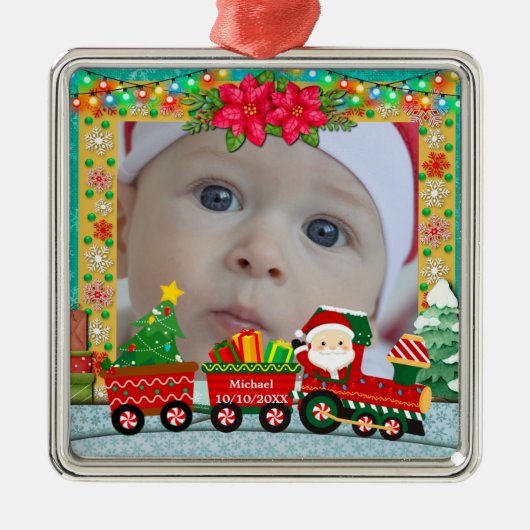 Weihnachtsmann mit Geschenken und Weihnachtsbaum Ornament Aus Metall (Vorne)