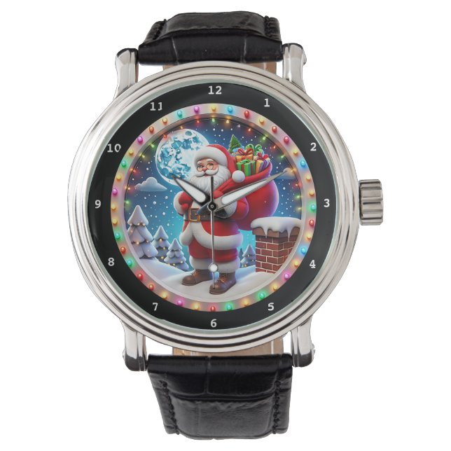 Weihnachtsmann mit Geschenken Winterlandschaft Armbanduhr (Vorderseite)