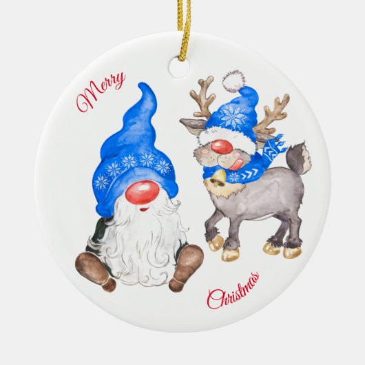 Weihnachtsmann mit Gnome Keramik Ornament (Vorne)