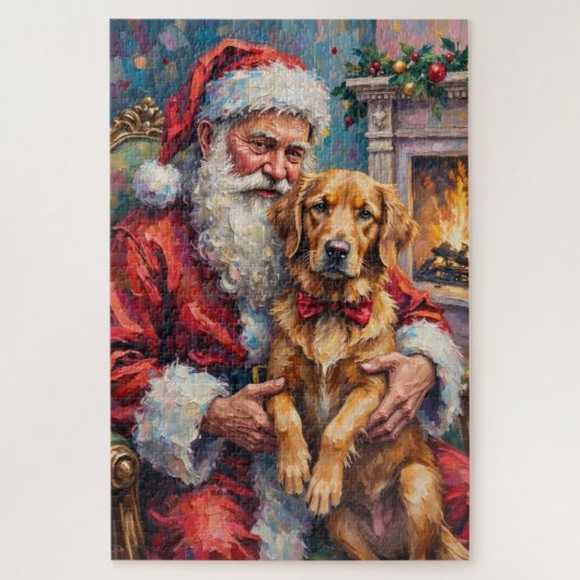 Weihnachtsmann mit Golden Retriever Weihnachtskuns Puzzle (Vertikal)