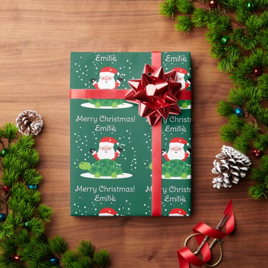 Weihnachtsmann mit grüner Schildkröte Cartoon Weih Geschenkpapier (Feiertagsgeschenk)