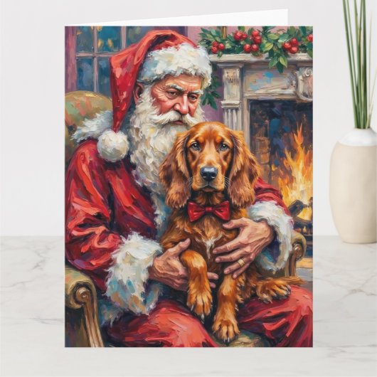 Weihnachtsmann mit Irisch Rotsetter Weihnachtskuns Karte (Vorderseite)