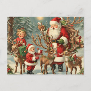 Weihnachtsmann mit Kindern, Rentieren und Geschenk Feiertagspostkarte