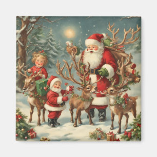 Weihnachtsmann mit Kindern, Rentieren und Geschenk Magnet