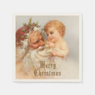 Weihnachtsmann mit lächelndem Kind im Vintage-Stil Serviette