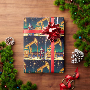 Weihnachtsmann mit Ölförderpumpe und Weihnachtsbel Geschenkpapier