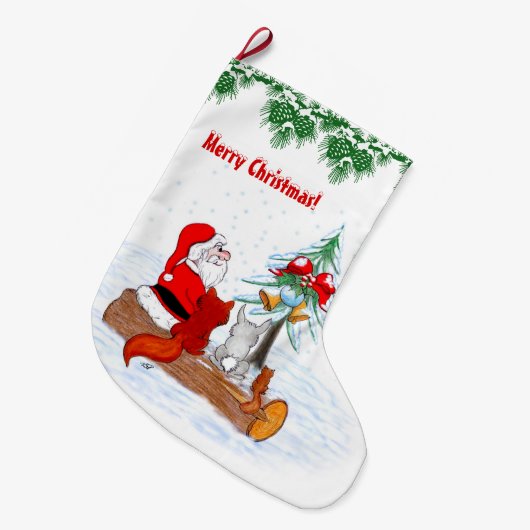 Weihnachtsmann mit Rabbit Fox und Eichhörnchen Großer Weihnachtsstrumpf (Vorderansicht (hängend))