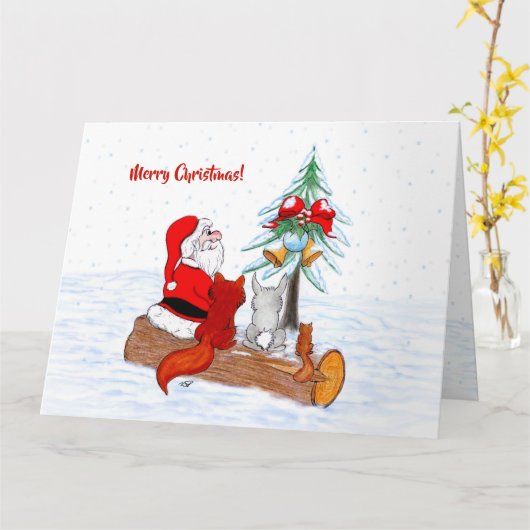 Weihnachtsmann mit Rabbit Fox und Eichhörnchen Karte (Gelbe Blume)