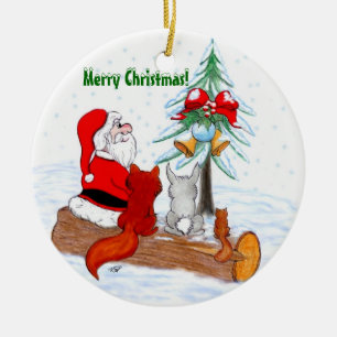 Weihnachtsmann mit Rabbit Fox und Eichhörnchen Keramikornament