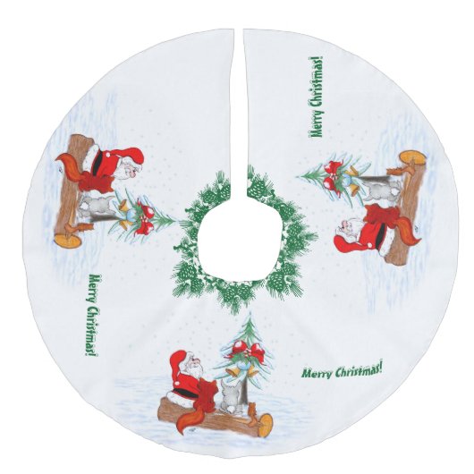 Weihnachtsmann mit Rabbit Fox und Eichhörnchen Leinenimitat Weihnachtsbaumdecke (Vorderseite)