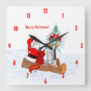Weihnachtsmann mit Rabbit Fox und Eichhörnchen Quadratische Wanduhr