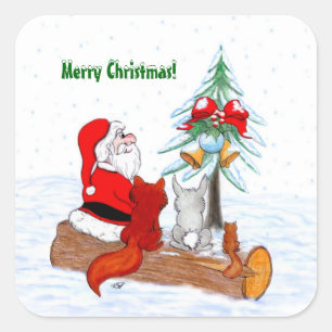 Weihnachtsmann mit Rabbit Fox und Eichhörnchen Quadratischer Aufkleber