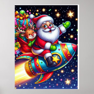 Weihnachtsmann mit Raumschiff und Renntier Poster